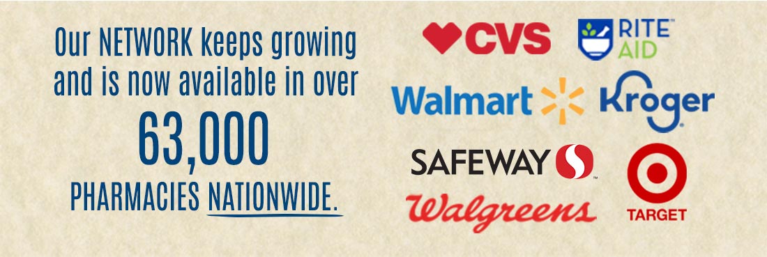  Our network keeps growing and is now available in over 63,000 pharmacies nationwide. Image of participating pharmacy logos including CVS, Rite Aid, Walmart, Kroger, Safeway, Target, Walgreens.