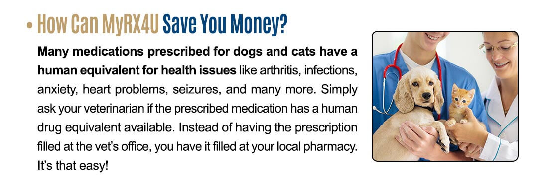How can MyRX4U save you money? Many medications prescribed for dogs and cats have a human equivalent for health issues like arthritis, infections, anxiety, heart problems, seizures, and many more. Simply ask your veterinarian if the prescribed medication has a human drug equivalent available. Instead of having the prescription filled at the vet’s office, you have it filled at your local pharmacy. It’s that easy!